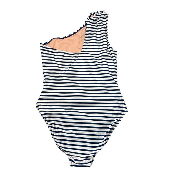 J. Crew One Piece Swimsuit Womens Sz 8 Blue White Striped One Shoulder Ruched - Picture 3 of 16